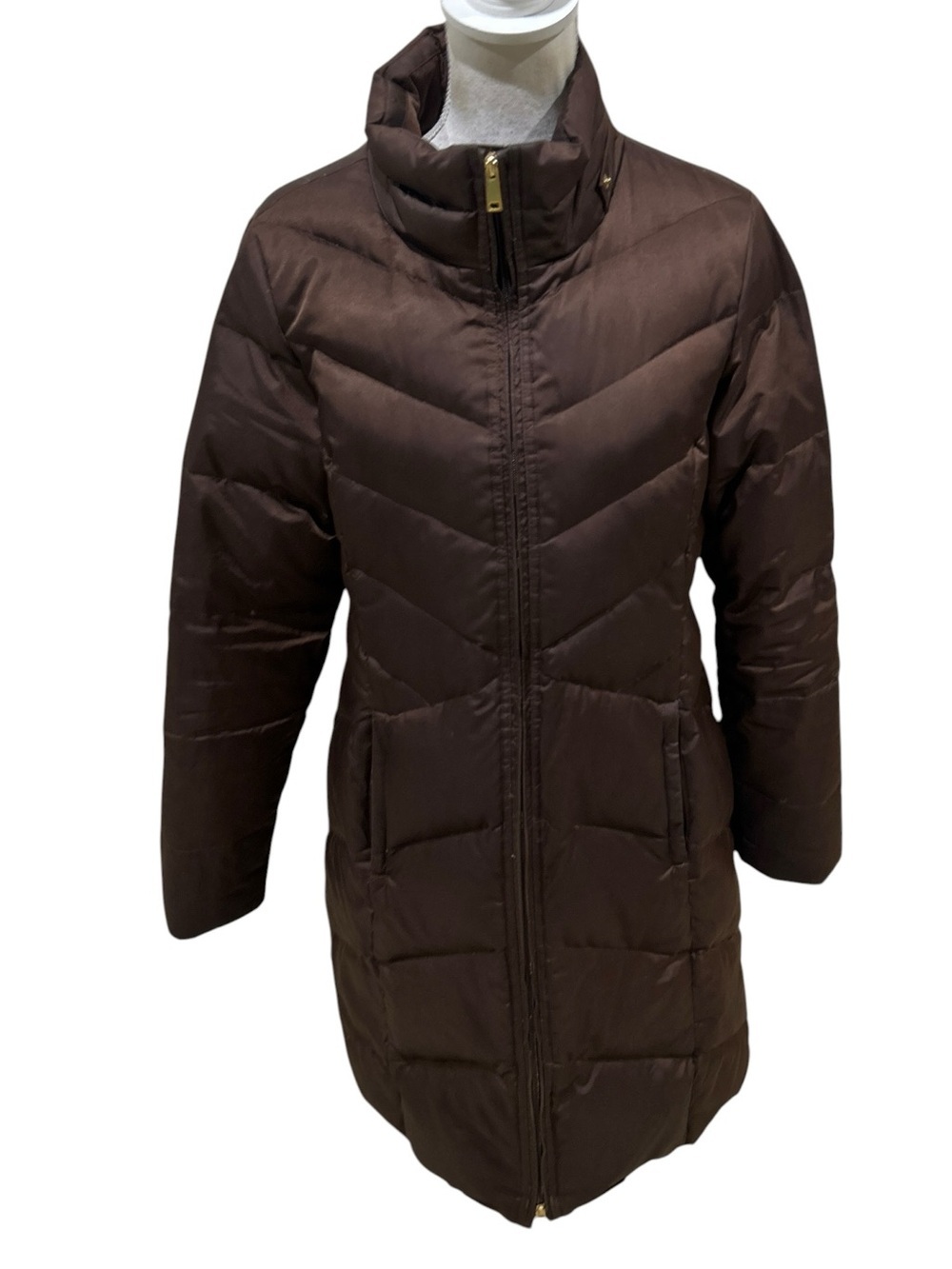 Lands' End Chevron Chocolate Brown Long Quilted Puffer down Coat medium (10-12)